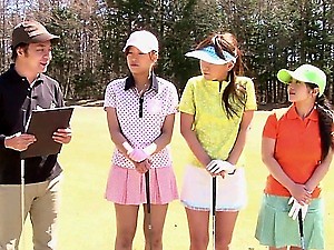 Cute Asian teen girls play a game of strip golf